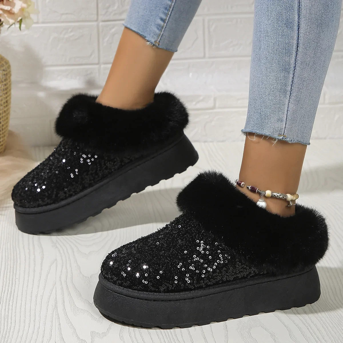 Ankle Snow ugggly boots slides designer women Winter 2024 New Fashion Shiny Fur Short Plush Warm Slippers free shipping shoes Cotton Flip-ps loafers w