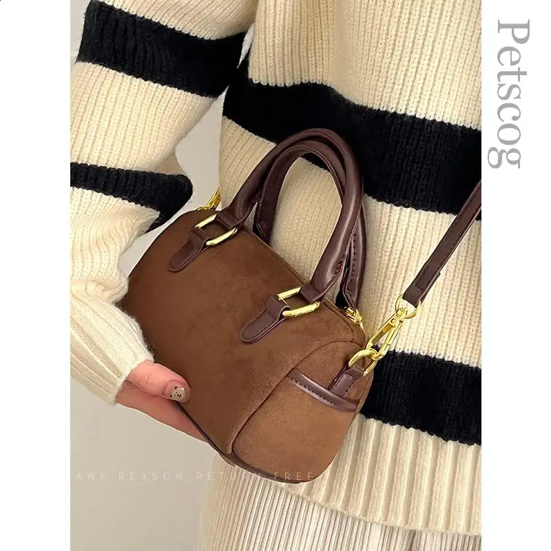 Vintage Womens Handbag Suede Leather Zipper Box Shape Top-handle Crossbody Clutch Purse Female Fashion Shoulder Bags 240918