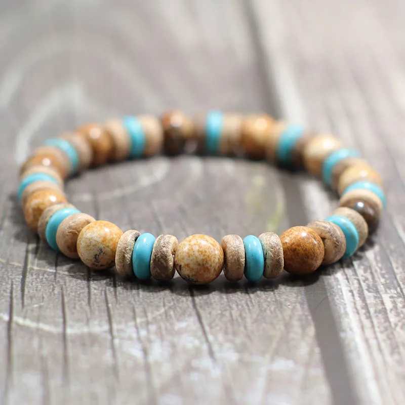 Vintage Wood Beaded Bracelet Mens Natural Lava Obsidian Stone Braslet Yoga Meditation Prayer Jewelry Tiger Eye Braclet HommeX240921