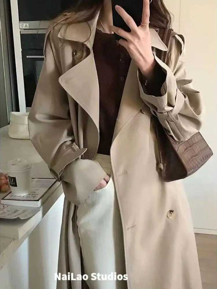 Korean Women Black Office Lady Trench Coat Khaki Loose Double Breasted Long Windbreaker Jacket Spring Autumn Fashion Casual ChicX240921