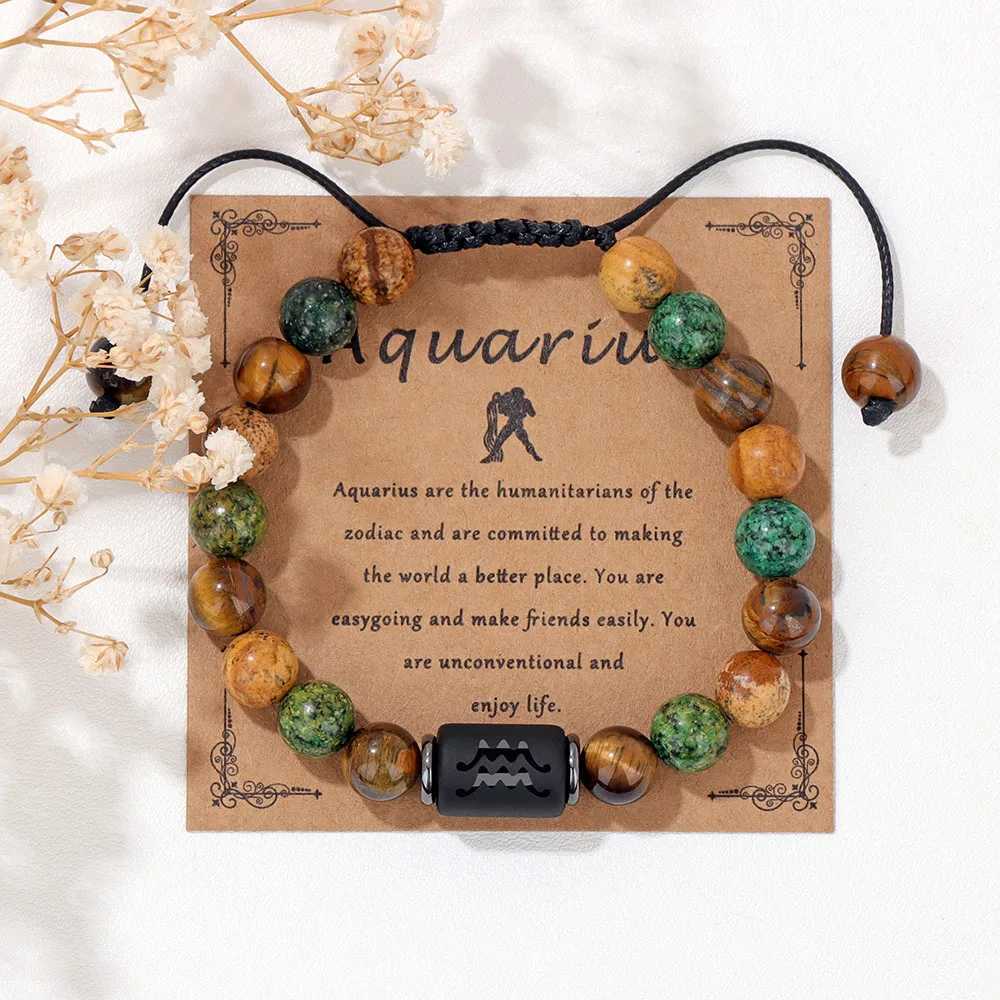 Vintage Aries Sign Charm Stone Bracelets With Constellation Card Natural Stone Picture Beads Adjustable Bracelets Women Men GiftX240921