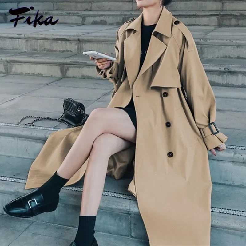 Loose Retros Double Breasted Black Khaki Windbreaker Women 2022 Autumn Fashion Design Vintage Tunic Sashes Casual Long CoatX240921