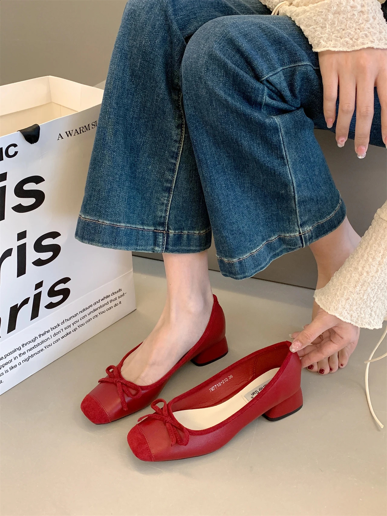 Fashion Elegant Red Ballerinas Women Pumps Slip on Loafers Round Toe Square Heels Bowknot Casual Spring Autumn Low Heel Shoes 240921
