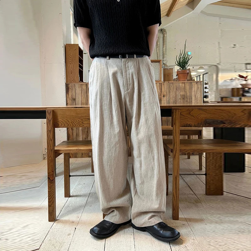 Mens Korean Light Draped Linen Wide Leg Pants Leisure Button-down Solid Color Straight Premium Elegant Sweatpants M-3XL 240913