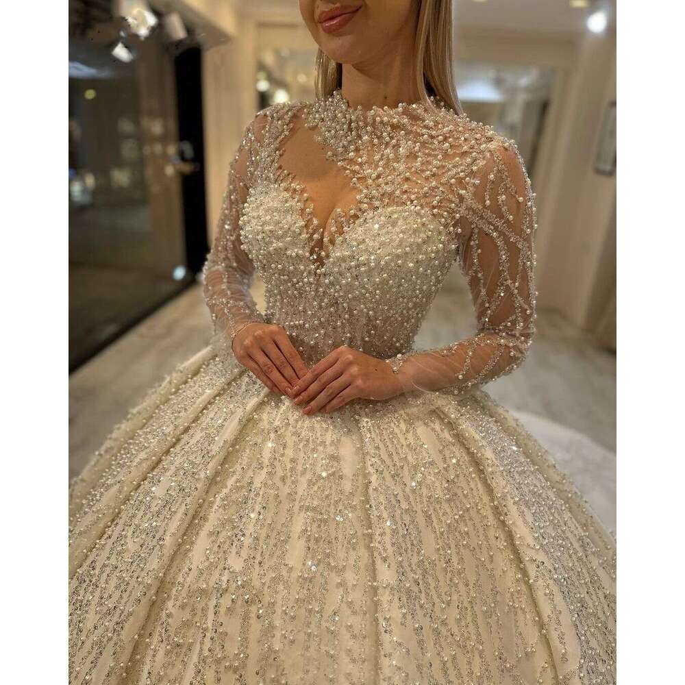 Glamorous Pearls Sequins Beading Princess Wedding Dresses Long Sleeves Bride Ball Gowns Vestidos De Novia