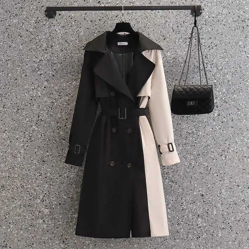 2023 Autumn Korean Mid-length Trench Coat Women Fashion Contrast Color Patchwork Spring Windbreaker Coat Female Windproof JacketX240921