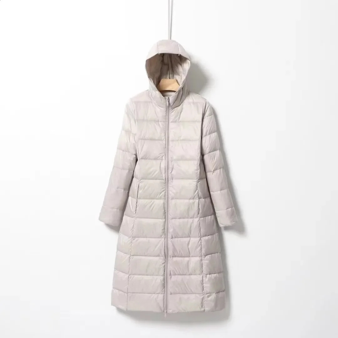 Womens Long Down Jacket Style Ultra Light Knee Fashion Slim Fit Hooded Casual Inflatable 240918