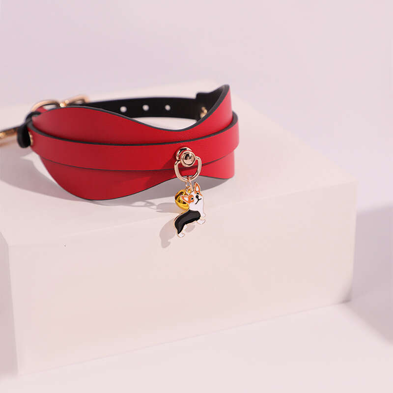 High end SM props, genuine leather sex collar, sexy and bright red sex traction neck cover with pendant, alternative adult products