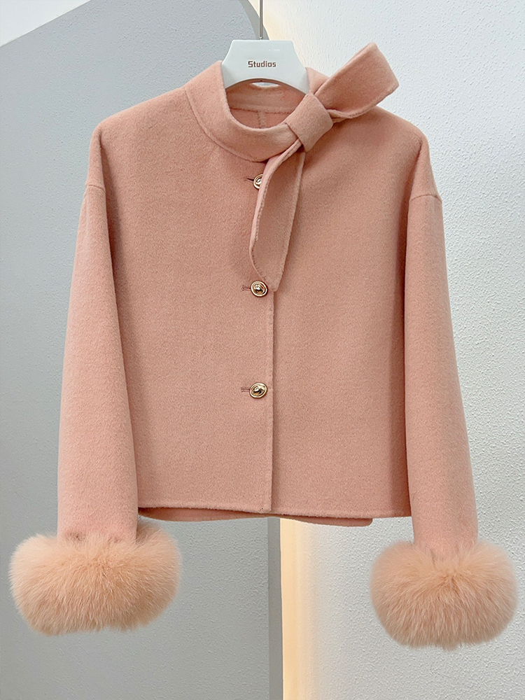 2024 New Winter Cashmere Wool Woolen Women Jacket Real Natural Fox Fur Cuff Ladies Outwear Female Coat