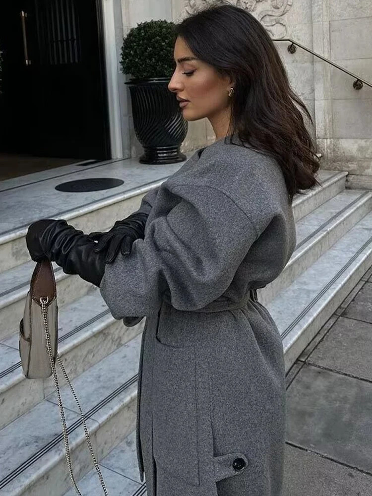 Grey Long Woolen Coats Women Fashion Elegant Wool Blend Jackets Female Winter Vintage Lace-Up Overcoat High Street Chic Coats 240918