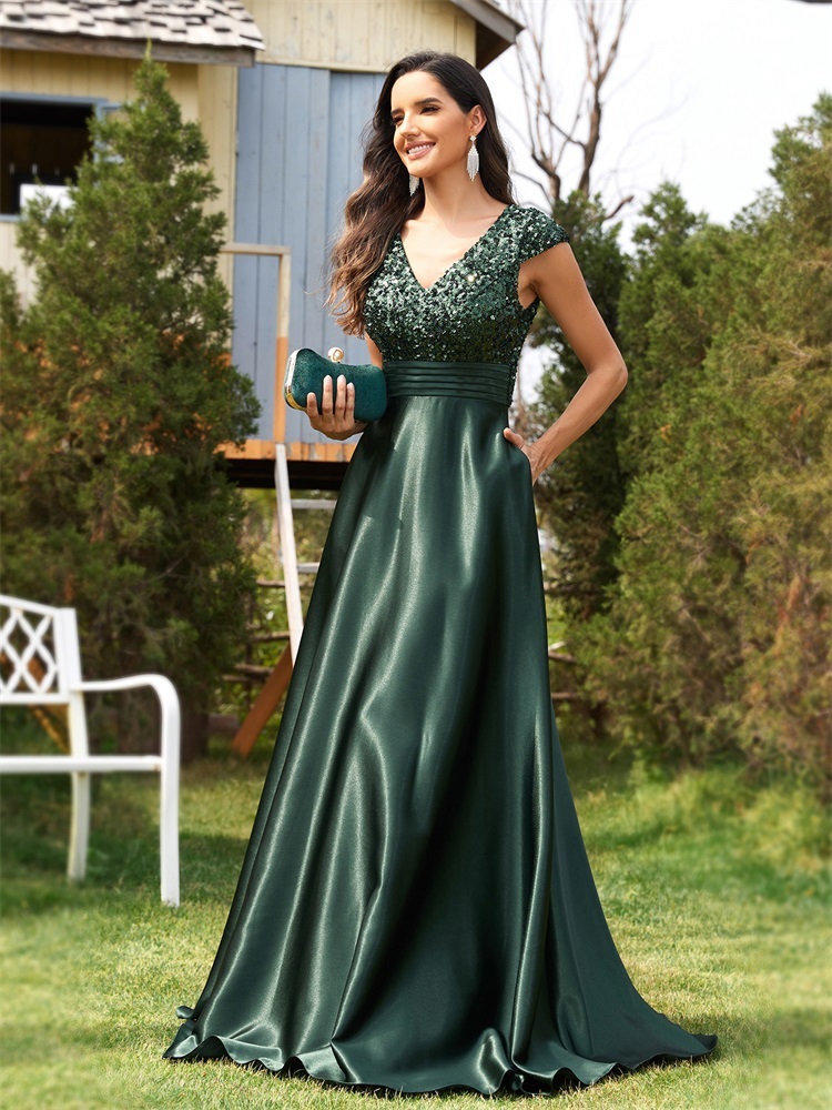 Lucyinlove Elegant V Neck Green Sequin Evening Long 2024 Women Satin Short Sleeves Party Prom Tail Dress