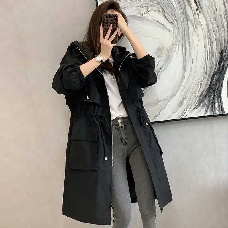 Spring and Autumn New Womens Thin Waist Loose Slim Coat Medium Length WindbreakerX240921