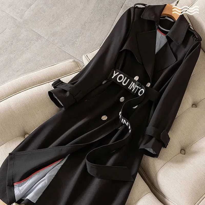 Spring Autumn Casual Women Mid-length Trench Coat With Letter Embroidery Sashes Double-breasted Lapel Female Windbreaker OutwearX240921