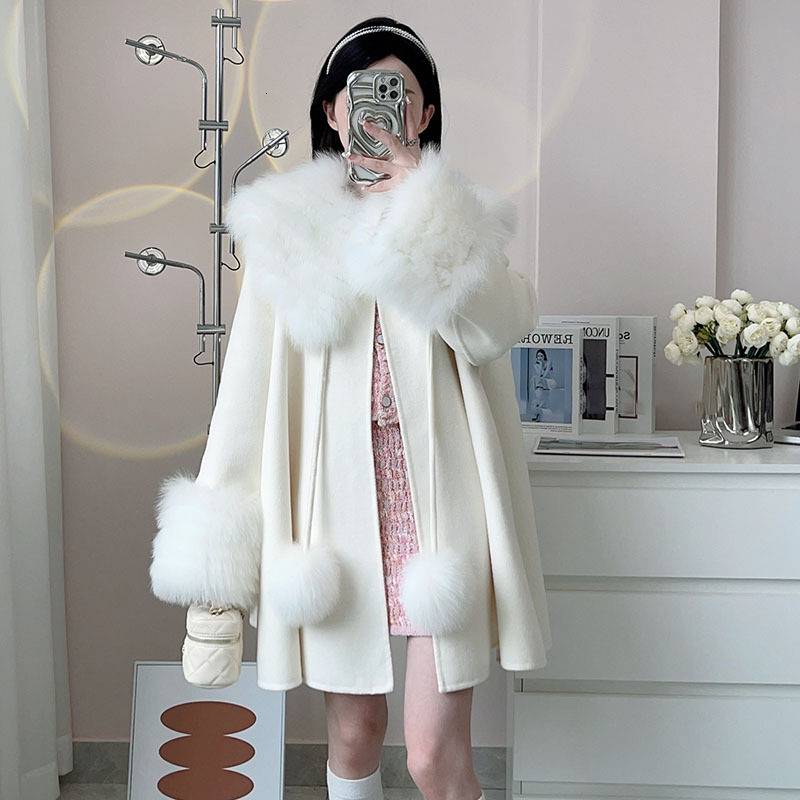 2024 New Loose Blended Coat With Real Collar Long Sleeve Fashion Genuine Fox Fur Jacket Female Outwear Wool Jackets