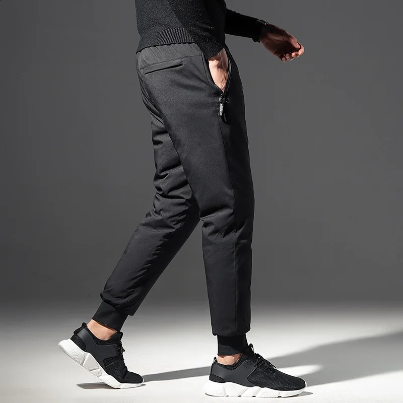 Mens Down Pants 90% White Duck Down Solid Black Winter Pants Drawstring Windproof Thicken Warm Trousers for Men 240913