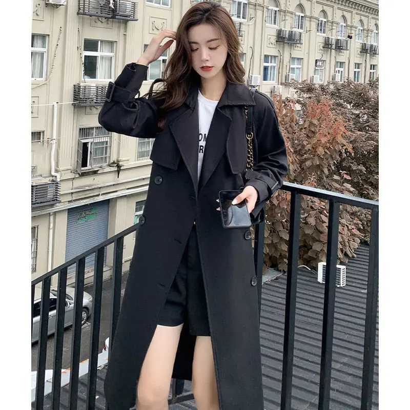 Korea Casual Khaki Long Women Trench Coat Autumn Turn Down Collar Double Breasted White Women Windbreaker Overcoat With BeltX240921