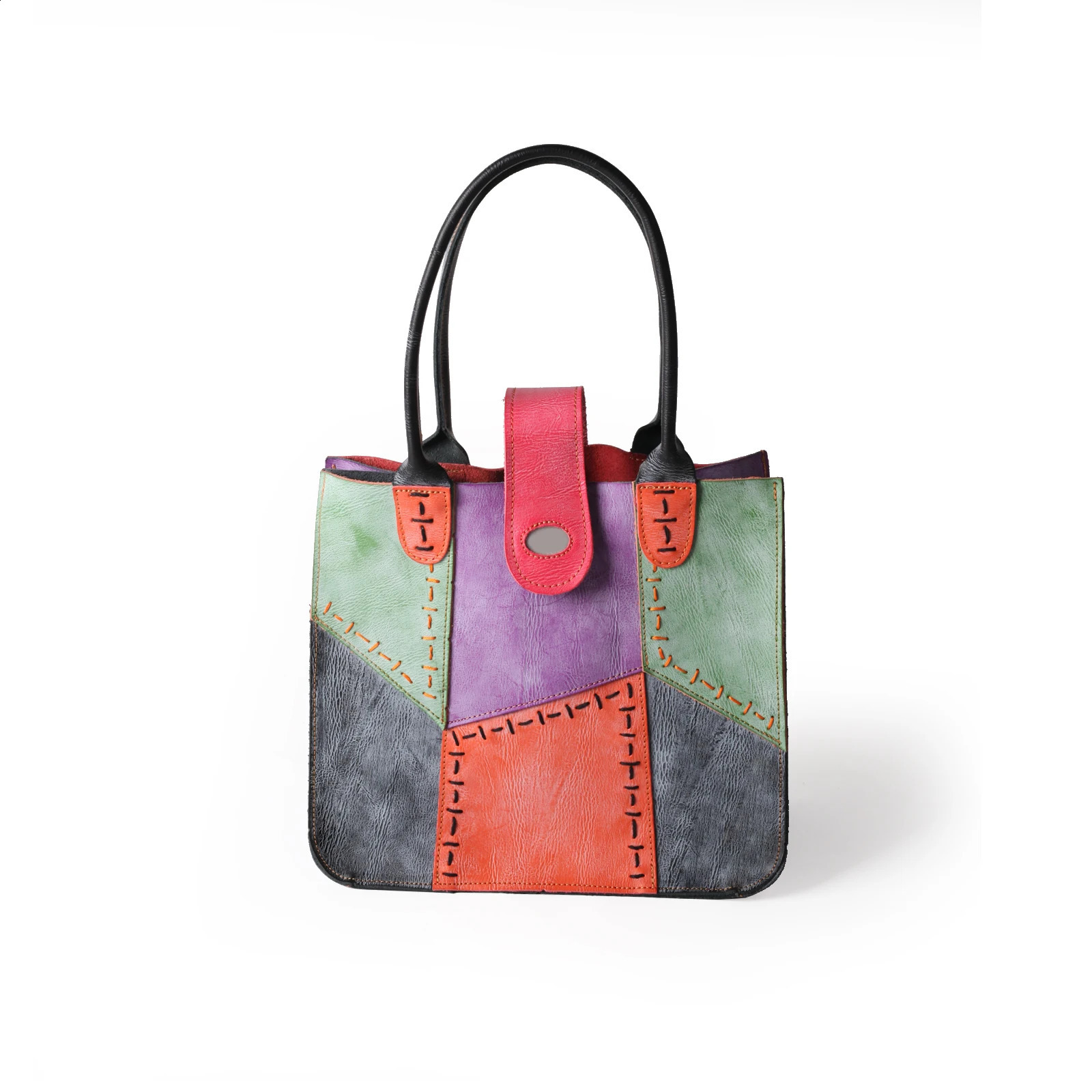 Womens Genuine Leather Bag Hand Stitching Multi Color Splicing 240919