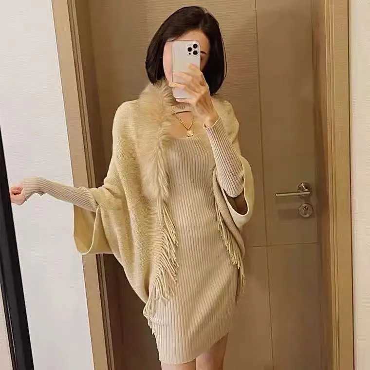 Fur collar winter shawl and wrap Bohemian edge oversized womens winter raincoat and shawl bat sleeve cardigan W240921