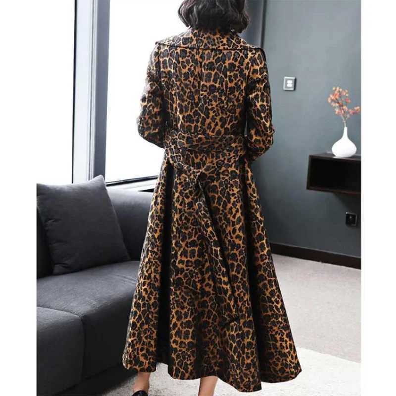 High End Fashion Leopard Coat Women Spring Autumn Korean Slim Long Trench Coat Female Windbreaker With Belt Mother Outwear 4XLX240921