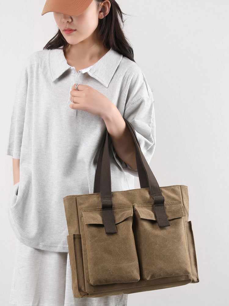 Women's Canvas Tote Purse Shoulder Bag Small Handbag Multi-Pocket Top Handle Bags With Zipper For Travel Work