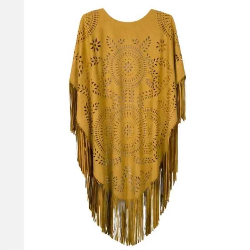 Camel suede flower hollow edge tassel shawl womens retro shawl raincoat autumn bohemian open cape bohemian shawl W240921