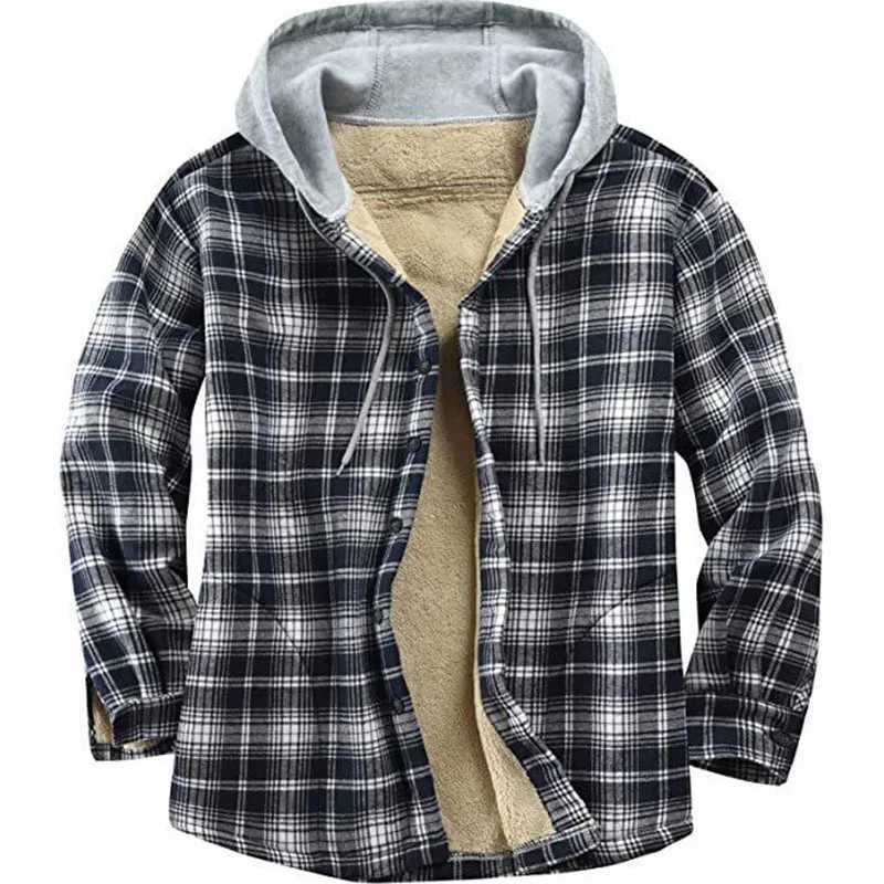 Mens Winter Flannel Plaid Coats Jackets Long Sleeve Hooded Plush Coat Loose Fleece Lined Wool Thick Warm Jackets Overwear M240921