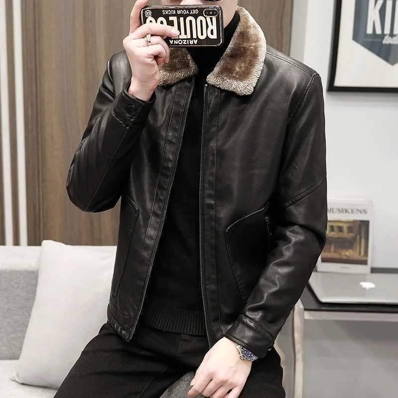Mens thick wool Pu leather jacket mens casual fashion ultra-thin windproof jacket mens artificial fur plush coat winter velvet warm W240918