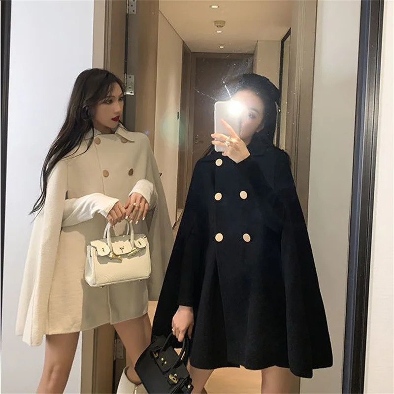Fashion Woolen Poncho Coats for Women Autumn Winter Solid Cape Cloak Coat Loose Overcoat Female Double Breasted Lapel Jackets 240921 64