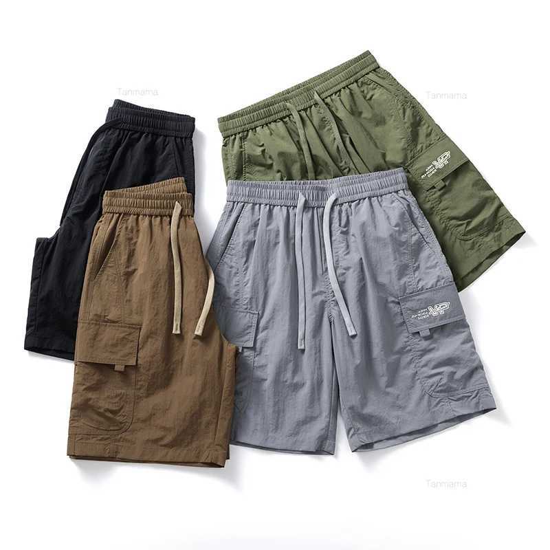 Summer Ultra-thin Quick-drying Mens Shorts Elastic Waist Ice Silk Loose Large Pocket Cargo Knee-length Pants Green Black GreyX240921