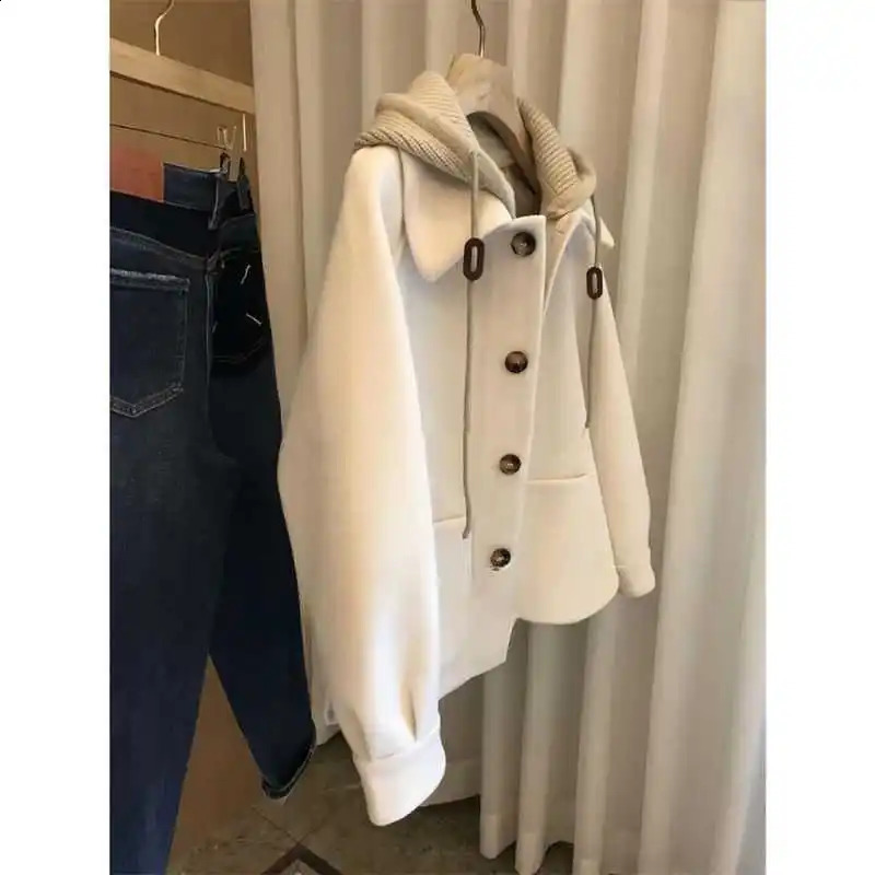 Womens Hooded Woolen Coat Autumn Winter Female Plus Size Fat MM Short Jacket Thickened High-grade Woolen Overcoat 240909