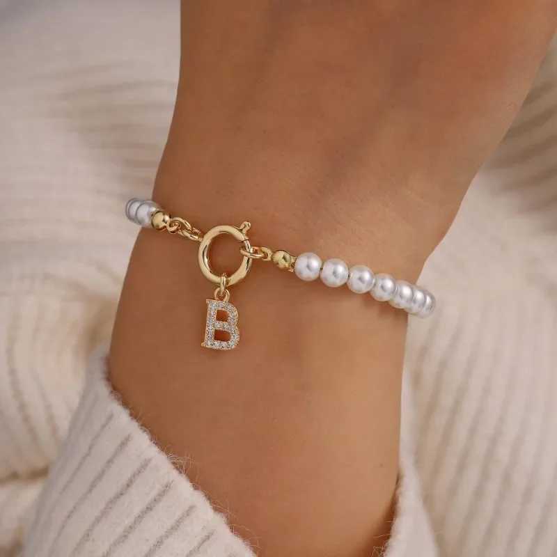 Minar Delicate 14K Real Gold Silver Plated Copper CZ Zircon 26 Letter Simulated Pearl Beaded Chain Charm Bracelets for WomenX240921