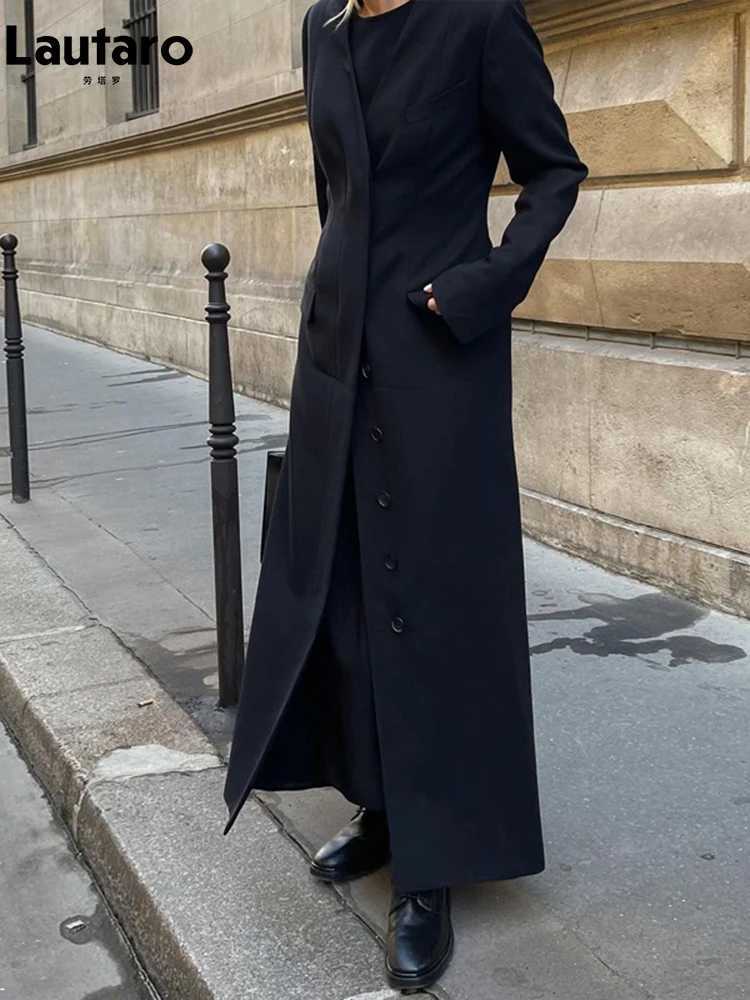 plusizeshe Spring Autumn Extra Long Black Fitted Trench Coat for Women Single Breasted Elegant Chic Luxury Maxi Overcoat 2024X240921