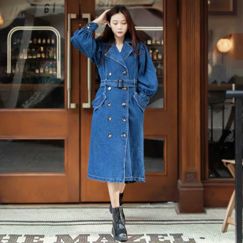 2023 New Spring Autumn Denim Long Trench Coats For Womens Clothing Double-breasted Slim Vintage Jeans Windbreaker Tops bd635X240921