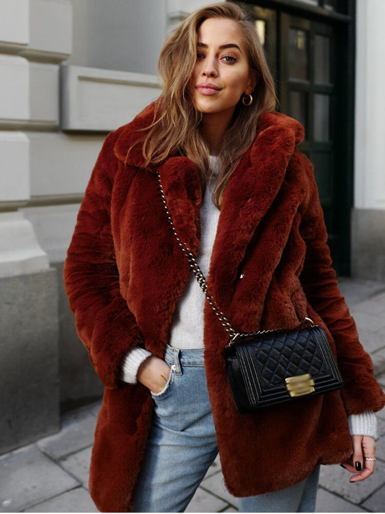 Warm Fur Coat Women Autumn Winter Thick Turndown Collar Pockets Loose Female Overcoat 2024 New Fashion Solid Street Lady Outwear