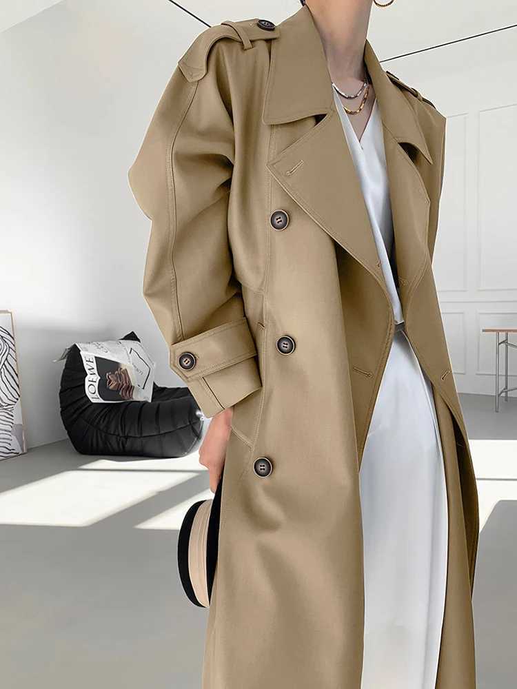 Fashion Autumn New Office Lady Womens Trench Lapel Double Breasted Loose Outwear Long Windbreaker Long Sleeve Women CoatX240921