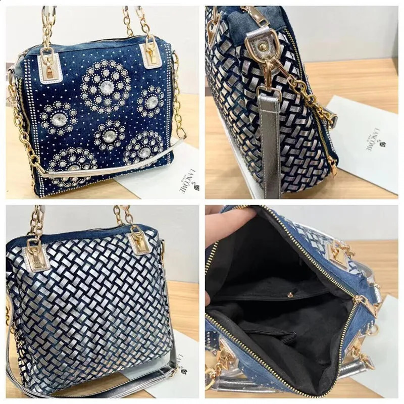 Denim jeans casual womens handbag ner woven shoulder bag rhinestone decoration messenger 240919