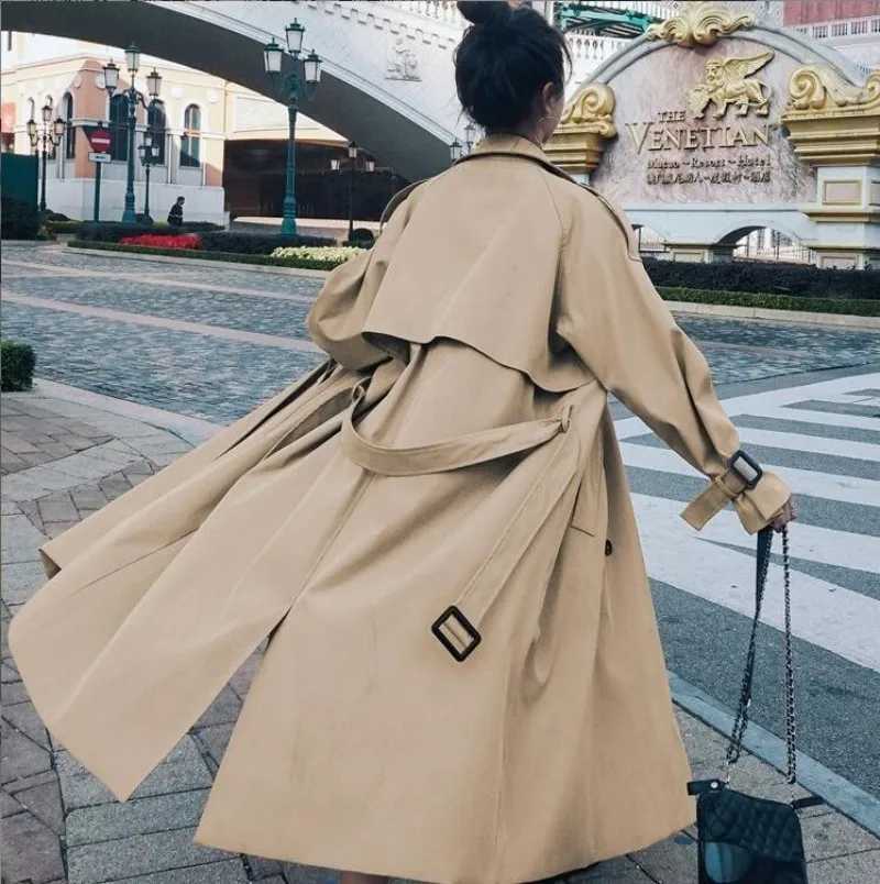 Autumn Trench Coat Double-Breasted Long Khaki Trench Coat for Women Casual Loose Jackets Classic Lapel Overcoat Belt StreetwearX240921
