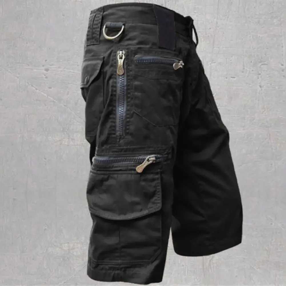 Multi functional shorts mens tactical jogging shorts solid color multiple pockets summer loose fit straight leg cargo shortsX240921