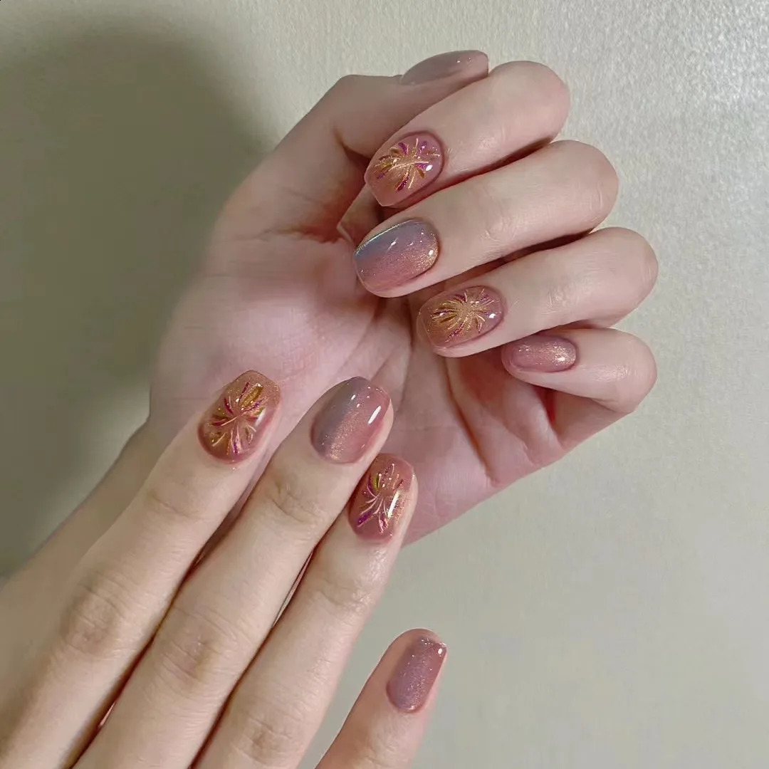 24pcs Beige Crystal Fake Nail Patch Cat Eye Aurora False Nails Fashion Cateye Short Press on Nail Tips Wearable Full Cover 240914