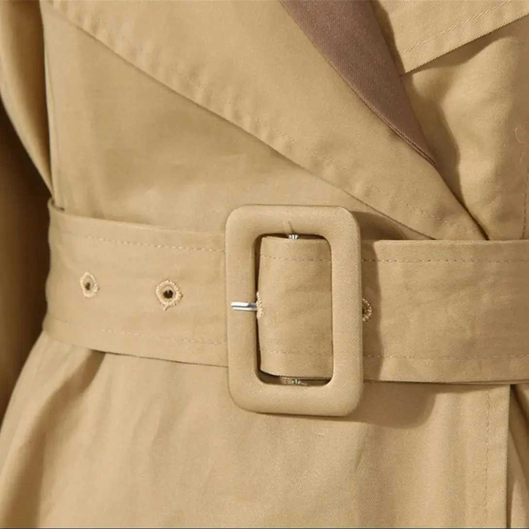Patchwork Long Coat PU Neckline Womens Long Jacket Autumn Khaki Coats With Belt For Women New Fashion High Quality OutfitX240921