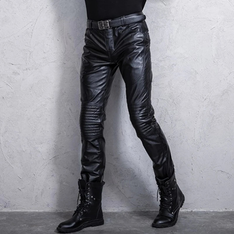 Cow leather pencil pants for men motorcycle bike windproof genuine leather pants for men punk style slim fit suitable for riding Trousers 240913