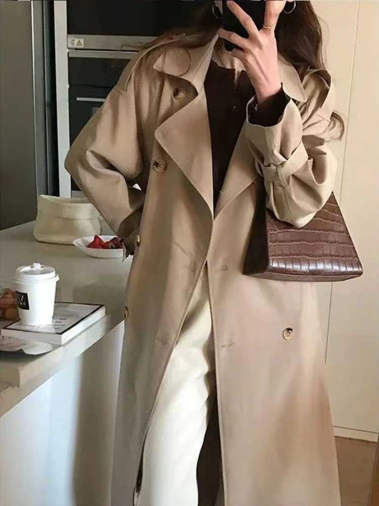 Korean Style Trench Women Autumn Ladies Elegant Temperament Loose Basic All-match Casual Design Plus Velvet High Street CoatsX240921