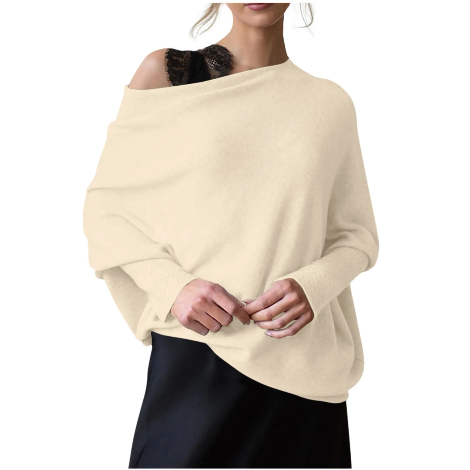 Womens Long Sleeve Neck Tunic Tops Fall Baggy Slouchy Pullover Sweaters Off The Shoulder Sweater 240921