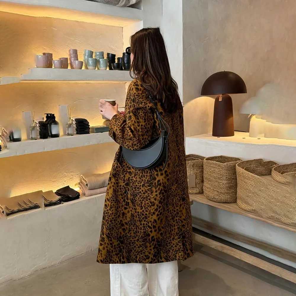PRINTKAOIR 2024 Autumn Leopard Print Women Oversize Trench Long Sleeve Mid Length Loose Jacket Female Coat Streetwear Y2KX240921