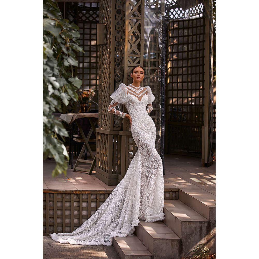 Vintage White Wedding Dresses Appliques Mermaid Bridal Gowns Custom Made Embroidery Sheer Neck Puffy Sleeves Vestido De Novia