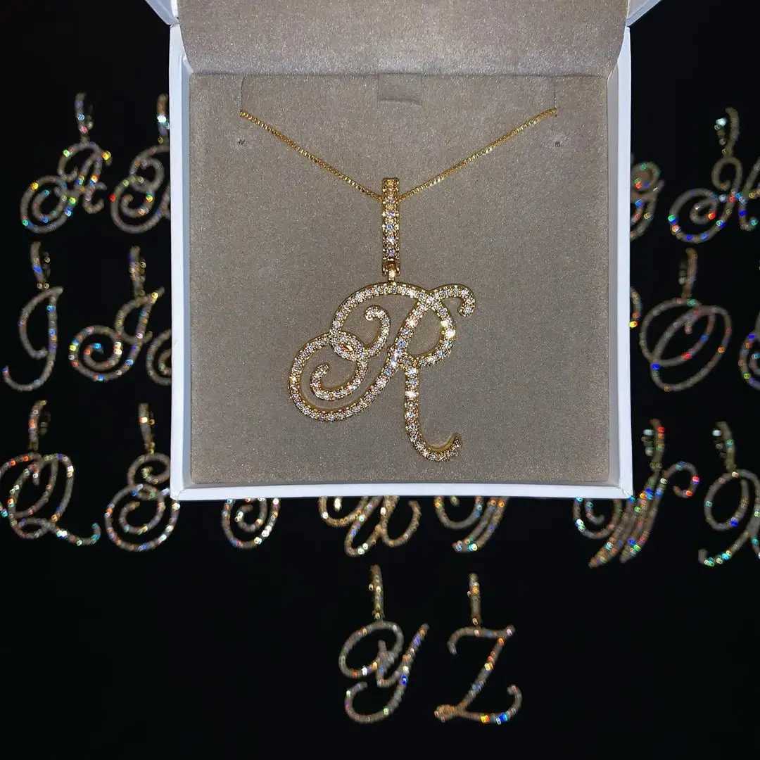 Cursive 26 Initial Letter Pendant Necklace Micro Pave 5A Cubic Zirconia CZ Letter Name Jewelry W240918