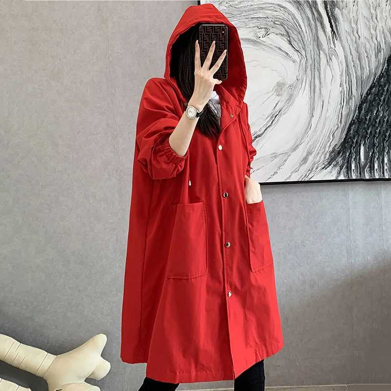 New 2021 Spring Autumn Long Trench Coat Women Loose Hooded Overcoat Female Adjustable Waist Outerwear Korean Fashion WindbreakerX240921