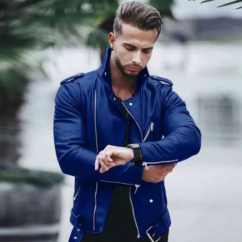 New autumn and winter mens Pu leather jacket oversized stand up collar fashionable slim fit zipper leather jacket W240918