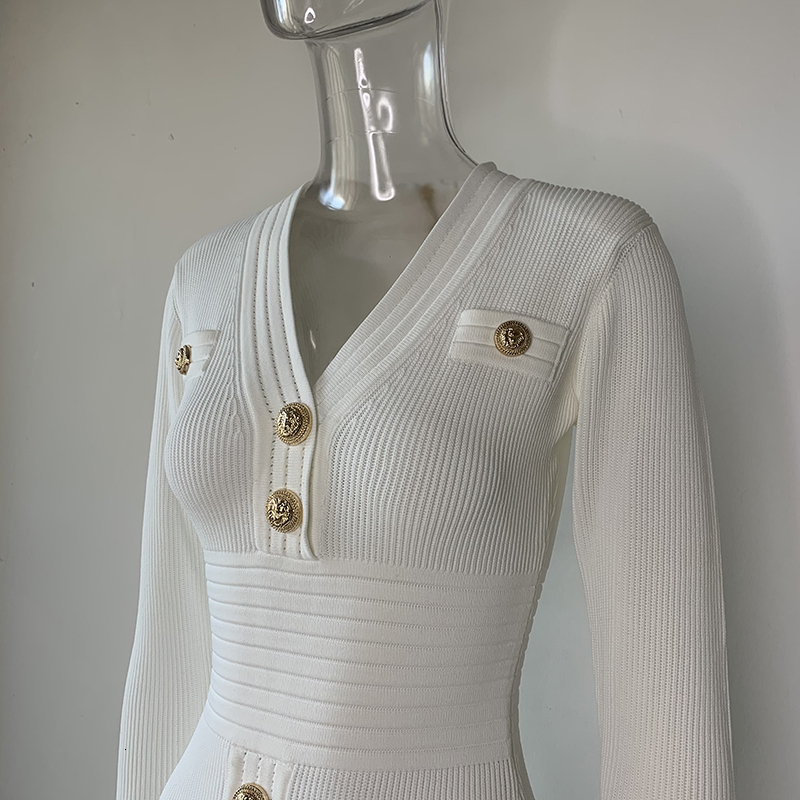 Harleyfashion New Fall Collection High Quality V-Neck Buttons Streetwear Casual White Sheath Knitted Dress