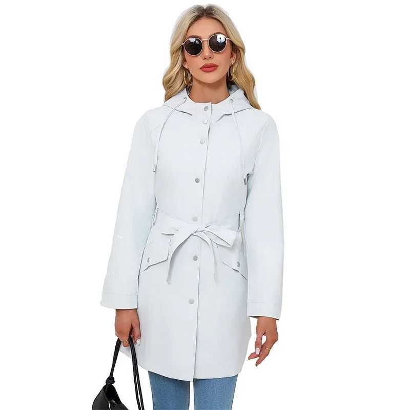 Womens Solid Color Hooded Waterproof Windbreaker Single-breasted Belt Pocket Lapel Long Jacket Coat Casual Loose TrenchX240921